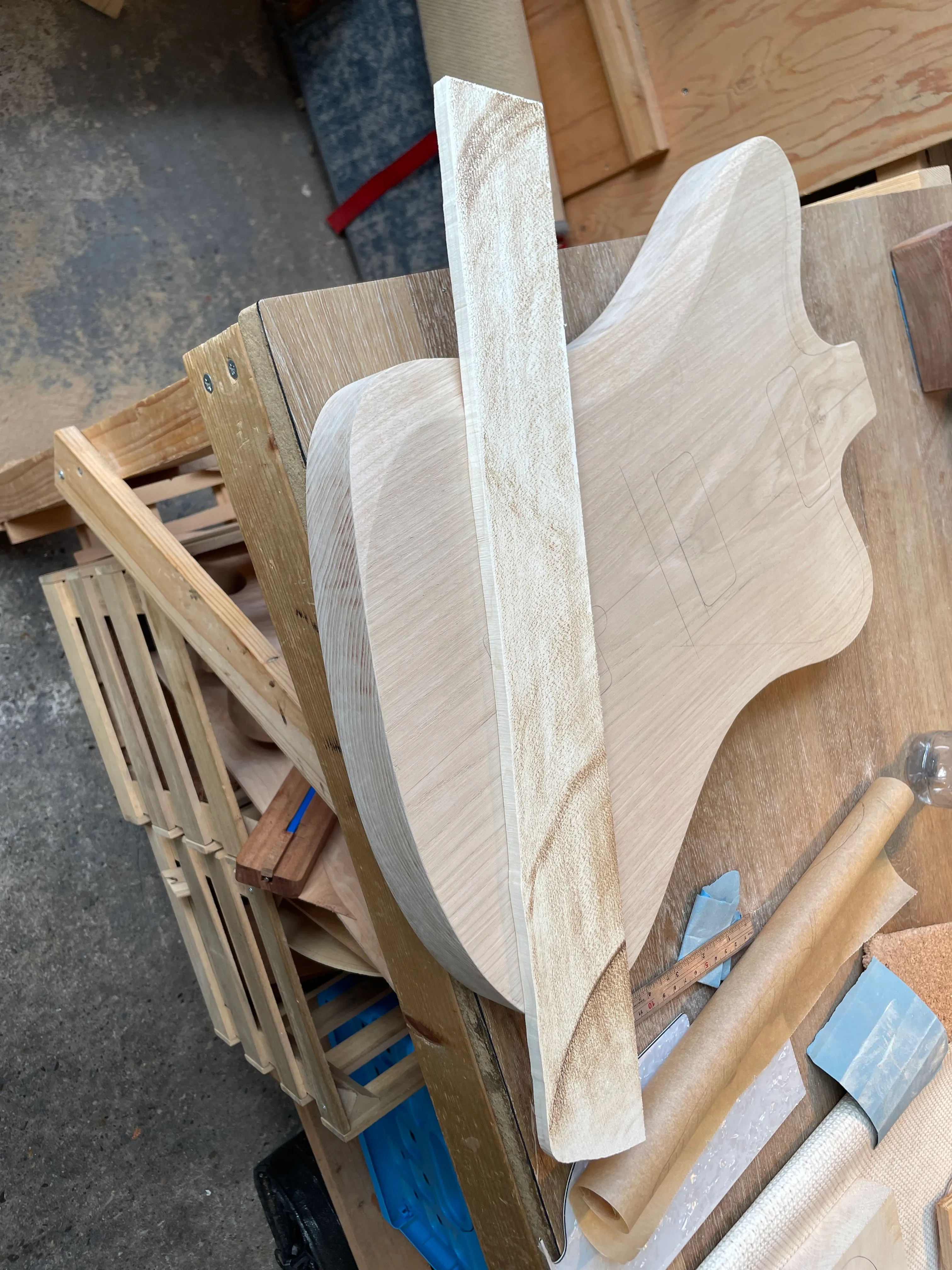 The neck blank cut out of European maple on the table saw (not by me, by someone qualified to use a table saw)