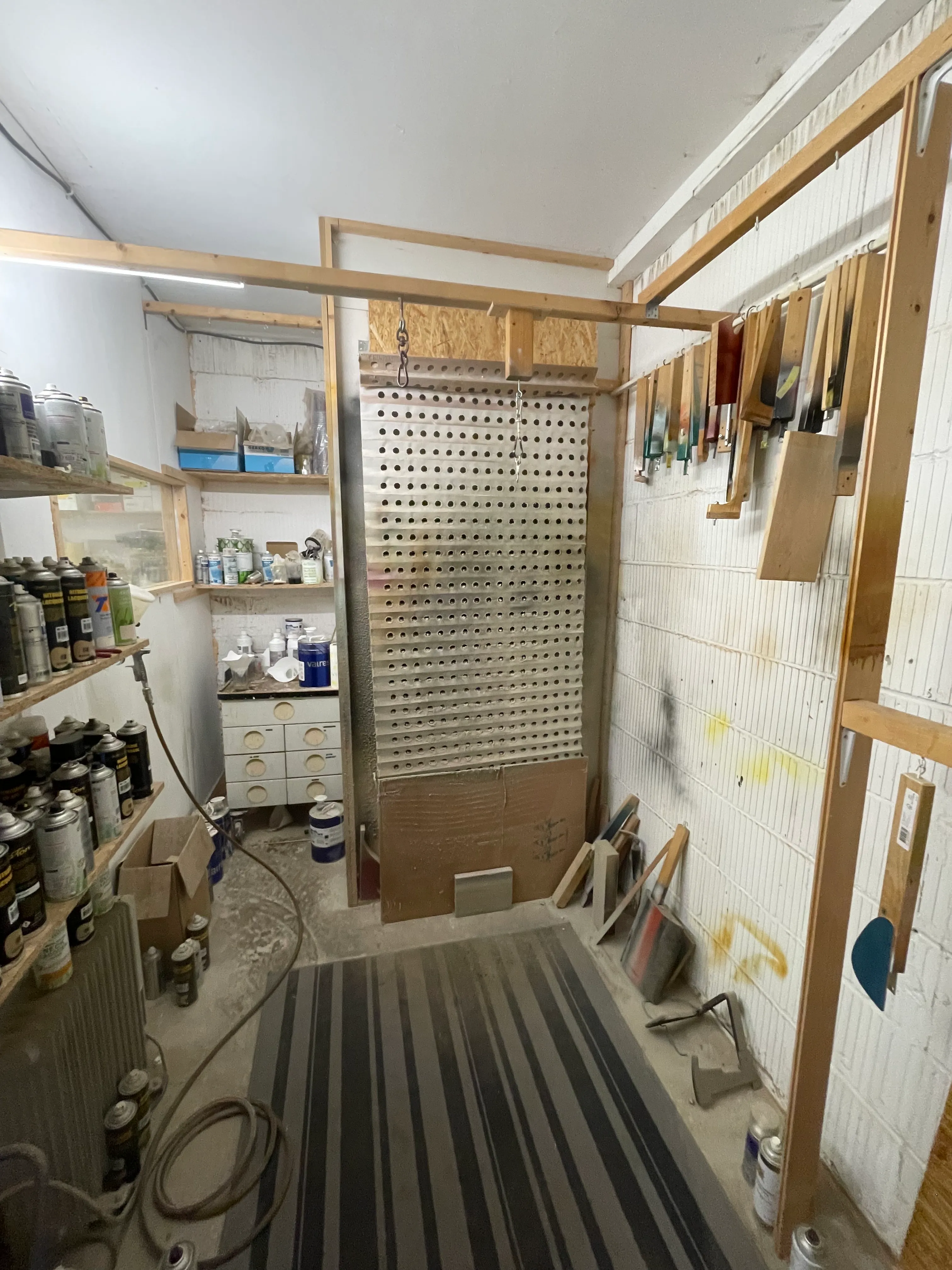 Have a look at this cool spray booth that I didn’t use (lacquer is done by the teacher, because it’s toxic and stuff). Just a note to say you may have noticed me not showing the body and headstock, that’s because I’ll do a big reveal on Friday. There will still be more to see - today I got the frets in, tomorrow I’ll handle the side dots, fix some final file marks, copper foil the cavities, drill some holes between the cavities, level and dress the frets, probably do electronics, get the bridge posts in, and maybe attach the neck. And a few more things. There’s still Friday too.