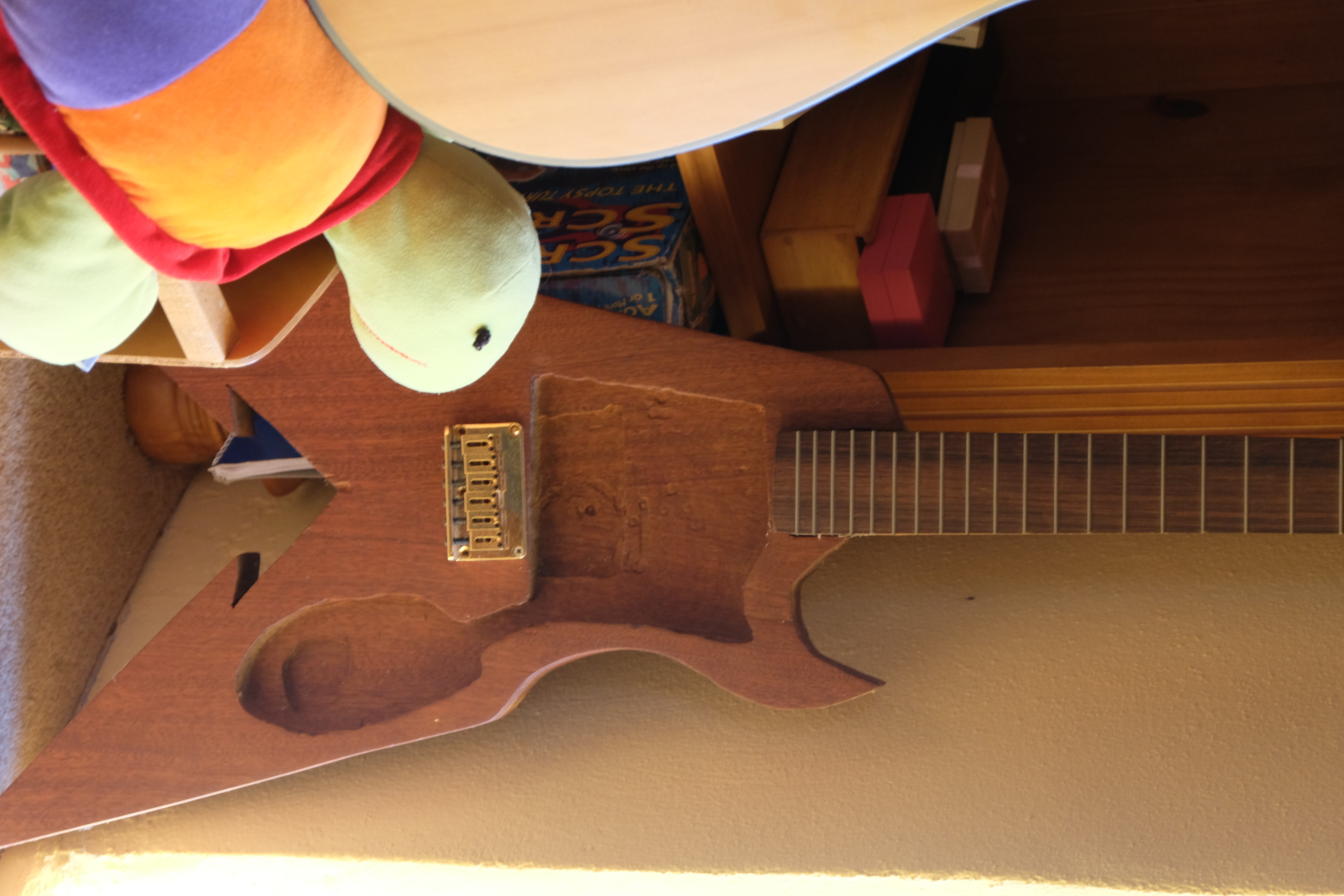 an old half-finished guitar, a cross between an SG and a flying V. There's no
pickguard, and there's a toy turtle in frame because the photo was taken in my
parents spare room